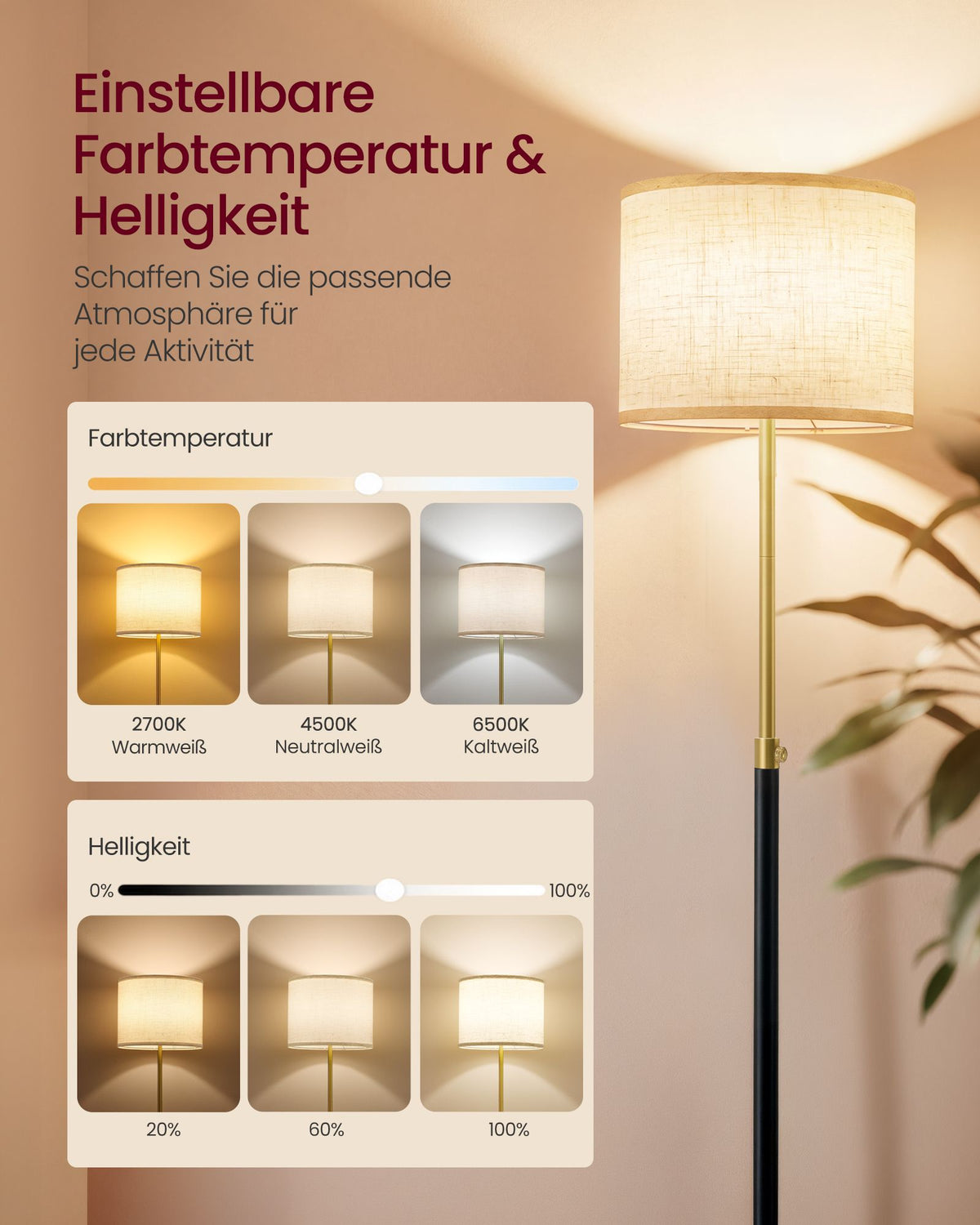 Staande Lamp – RGB LED – App-bediening en Muziekmodus – 140-170 cm – Goud en Zwart