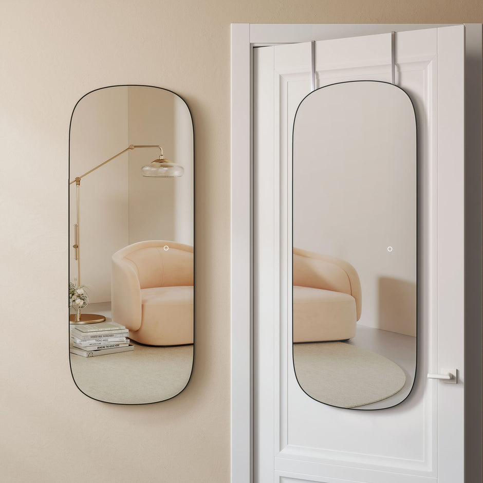 Spiegelwand – gebogen hoek – 120 x 47 cm – zilver