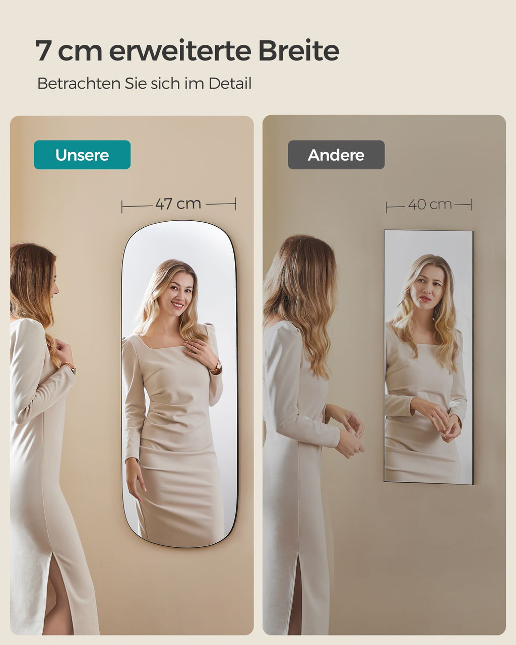 Spiegelwand – 120 x 47 cm – gebogen hoek – frameloos