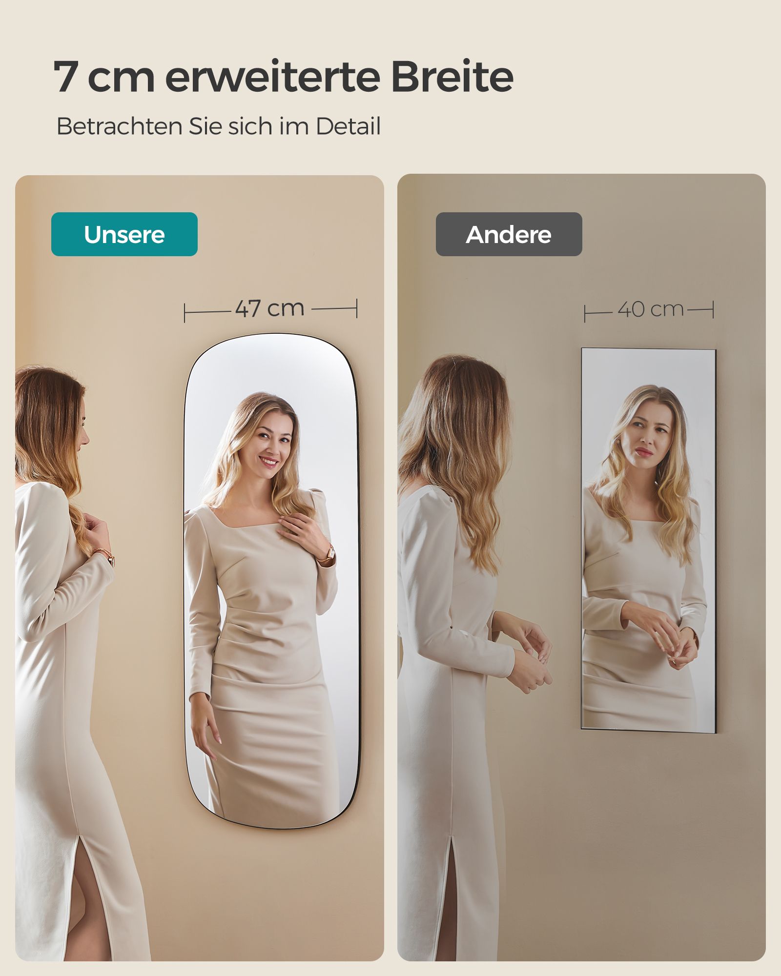 Spiegelwand – gebogen hoek – 120 x 47 cm – zilver