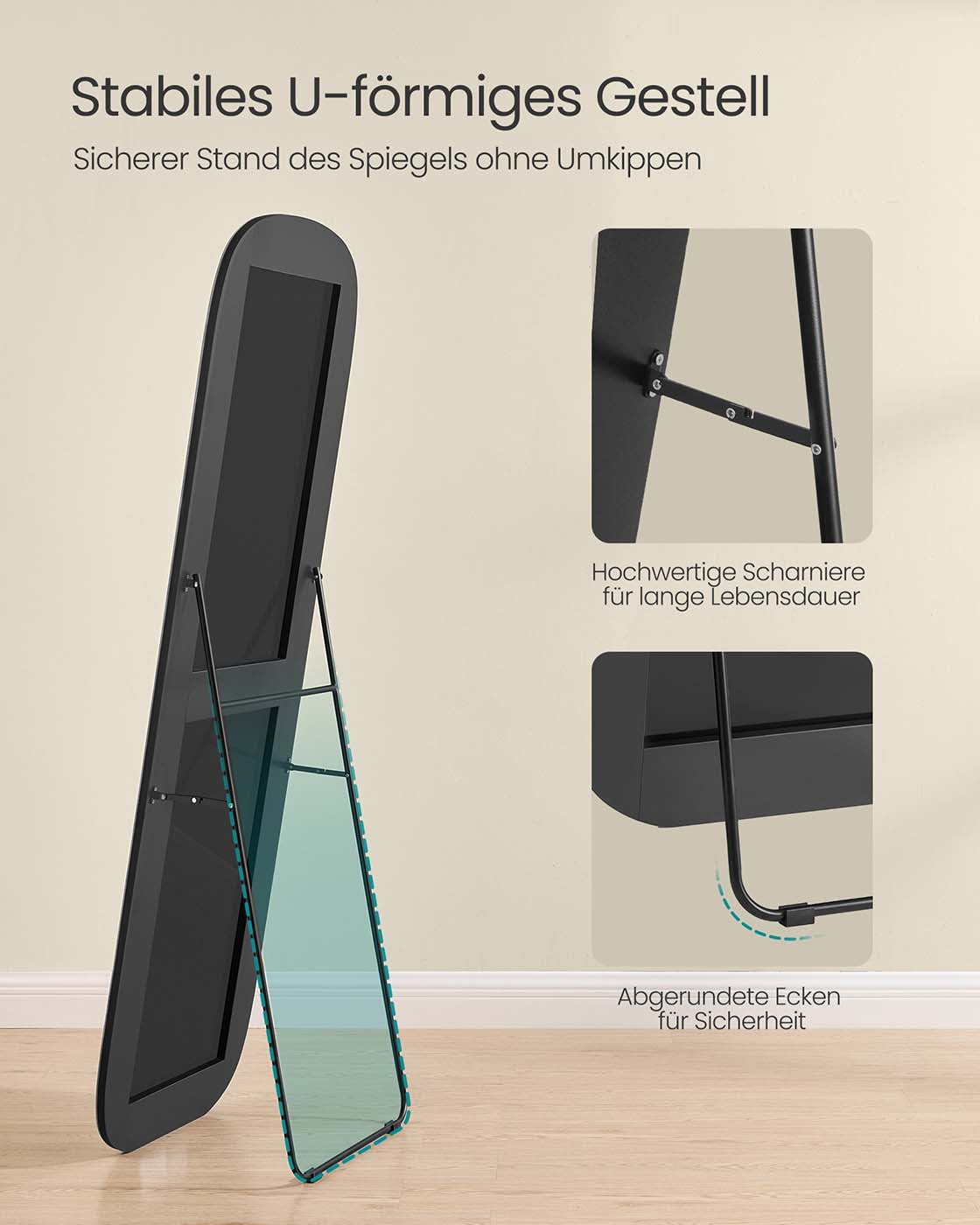 Passpiegel – Ronde hoeken – 160 x 50 cm – inktzwart