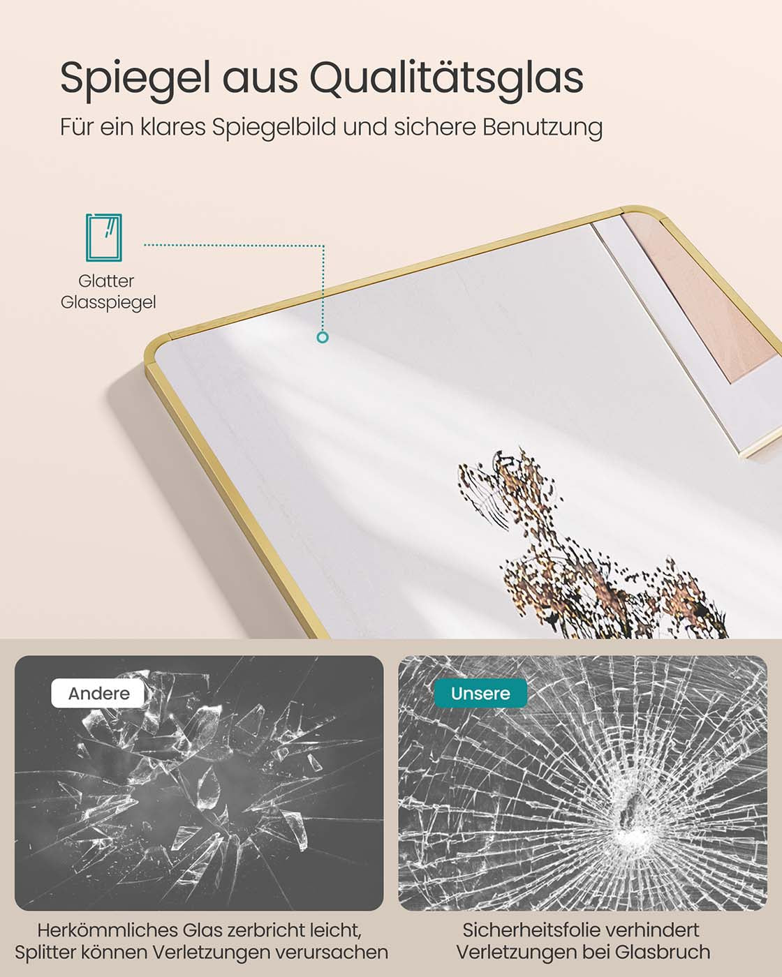 Rechthoekige passpiegel – 160 x 50 cm – Lichtgoud