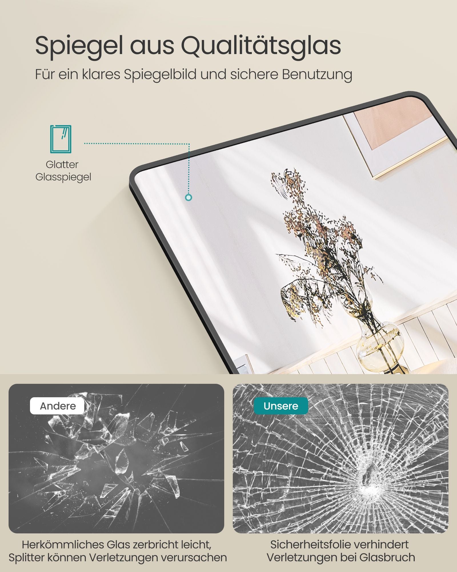 Passpiegel – Rechthoekig – Gehard glas – Inktzwart