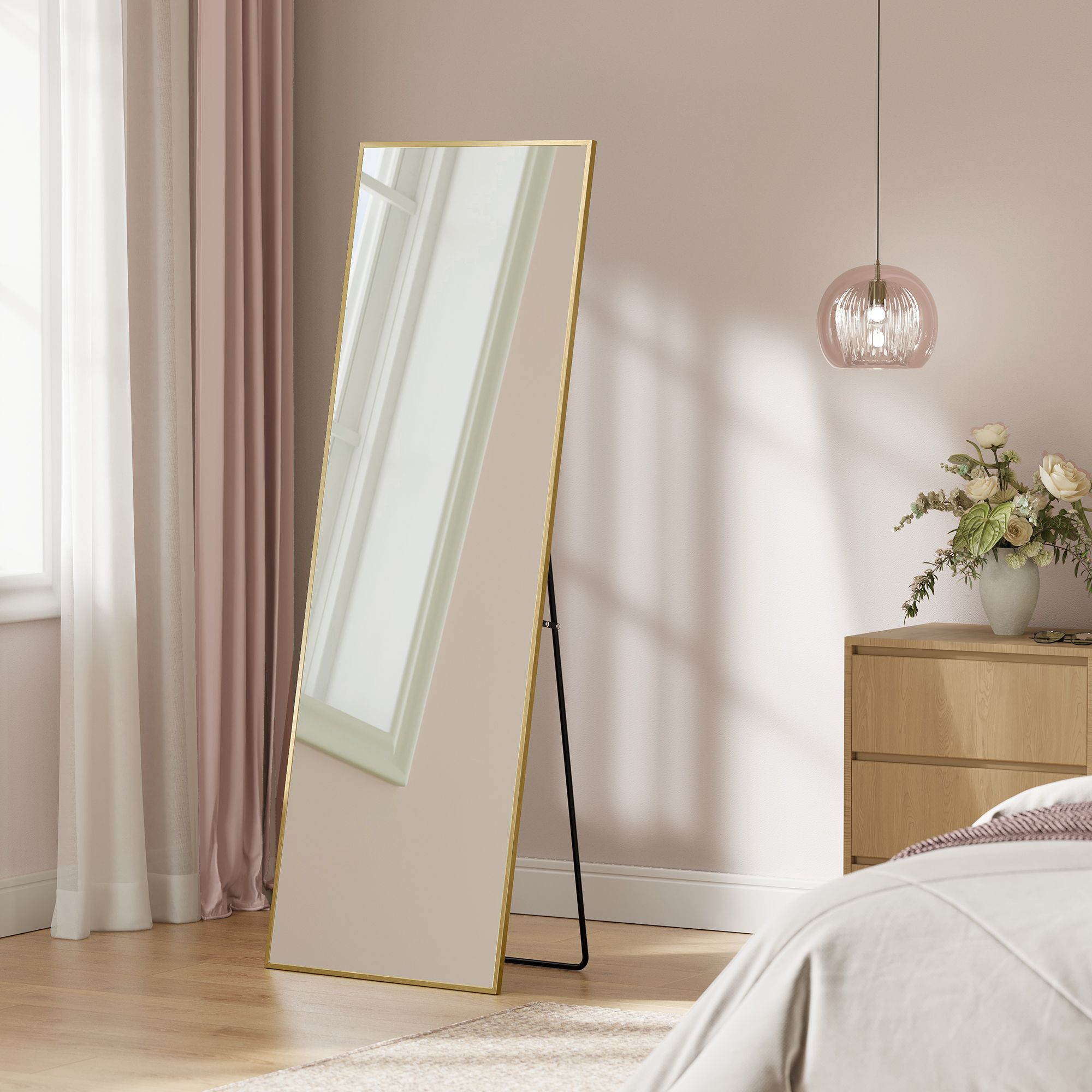 Staande spiegel - 160 x 50 cm - onbreekbaar - gouden aluminium frame - 6,9 kg