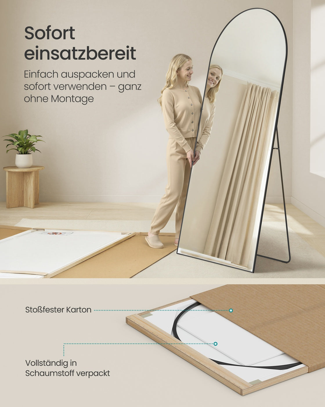 Spiegel - 198 x 89 cm - gebogen - aluminiumlegering - mat zwart - 14,1 kg