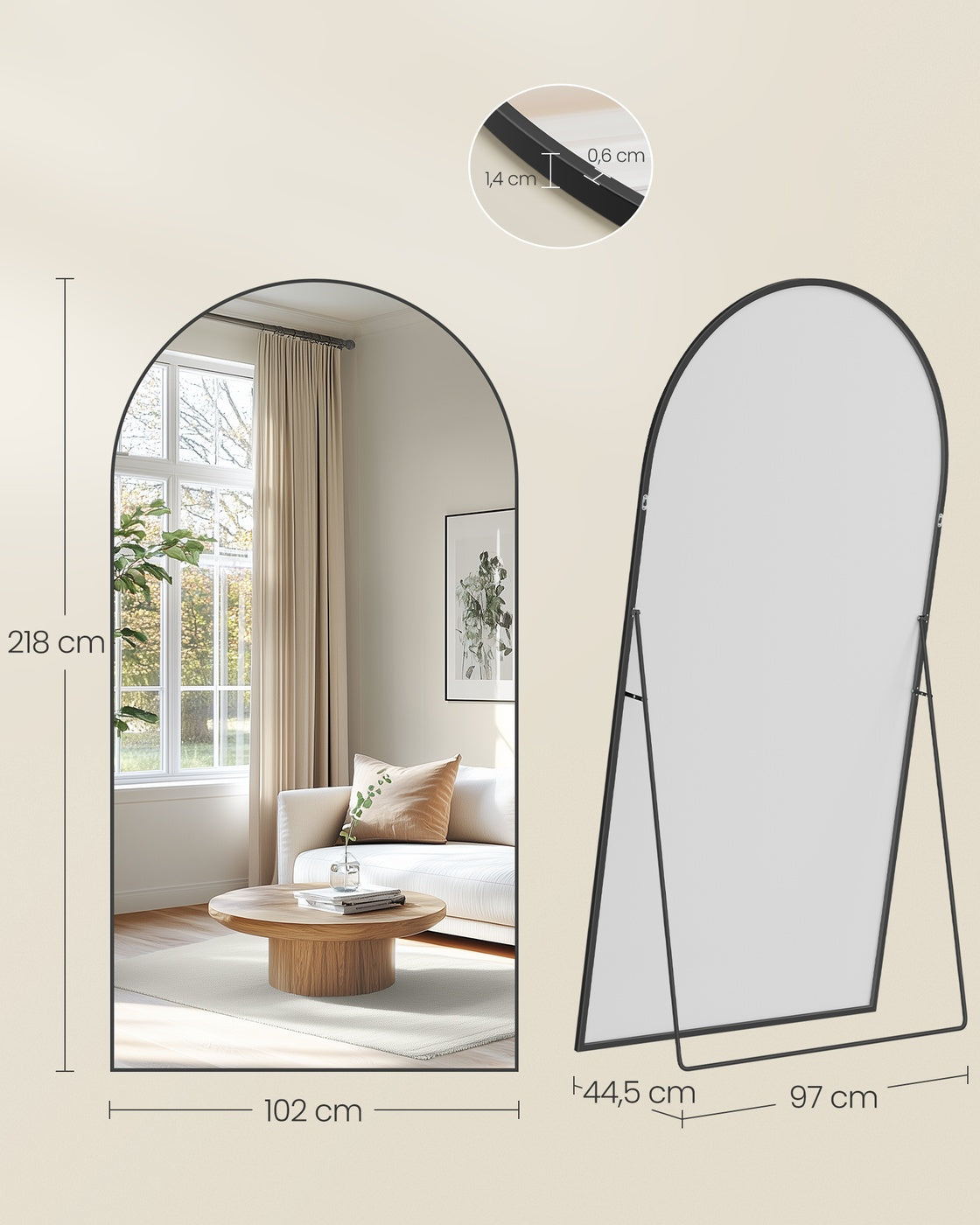 Spiegel - 218 x 102 cm - Gebogen - Matzwart - Gehard glas - Aluminiumlegering - 17,6 kg