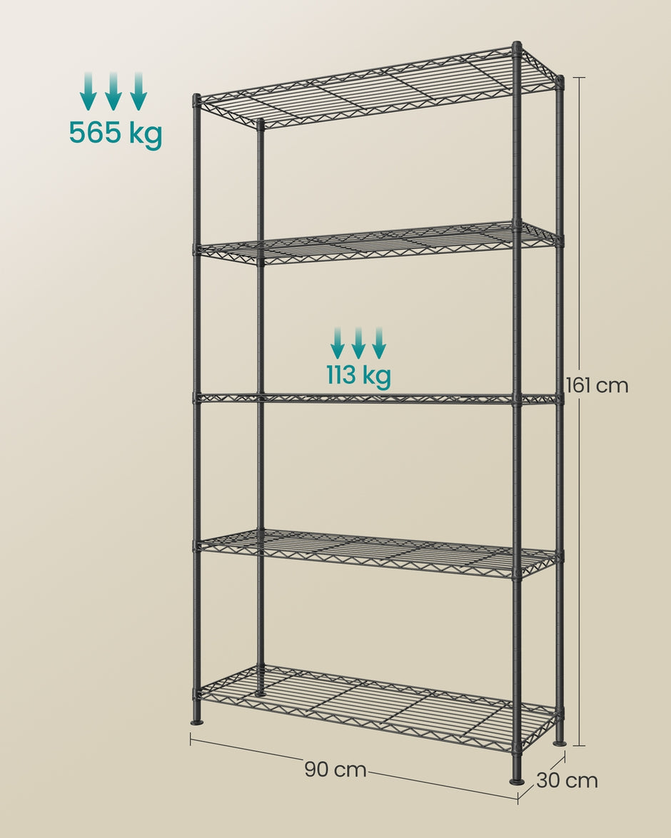 Plank - 30 x 90 x 161 cm - Inktzwart - Vrijstaand - 5 lagen - Maximale draagkracht 565 kg