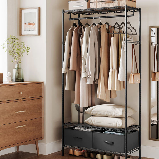 Kledingrek – 40 x 90 x 180 cm – Inktzwart – Staal – Met 2 lades – Tot 90 kg draagvermogen