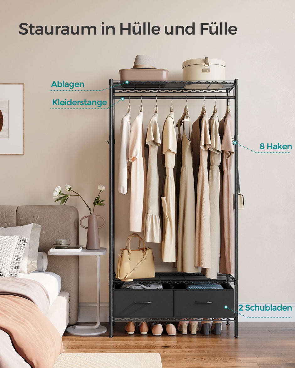 Kledingrek – 40 x 90 x 180 cm – Inktzwart – Staal – Met 2 lades – Tot 90 kg draagvermogen