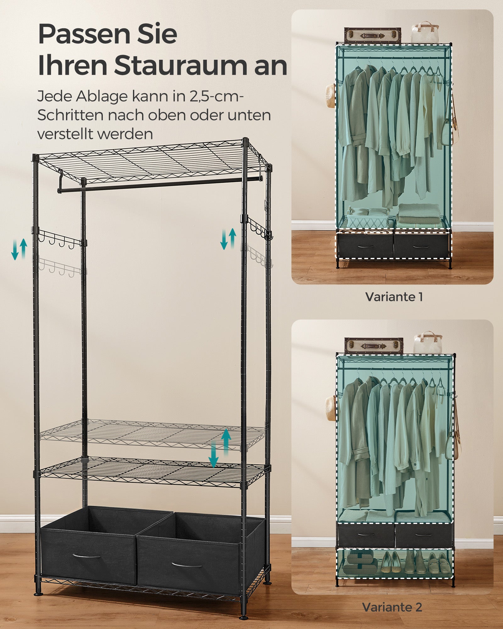 Kledingrek – 40 x 90 x 180 cm – Inktzwart – Staal – Met 2 lades – Tot 90 kg draagvermogen