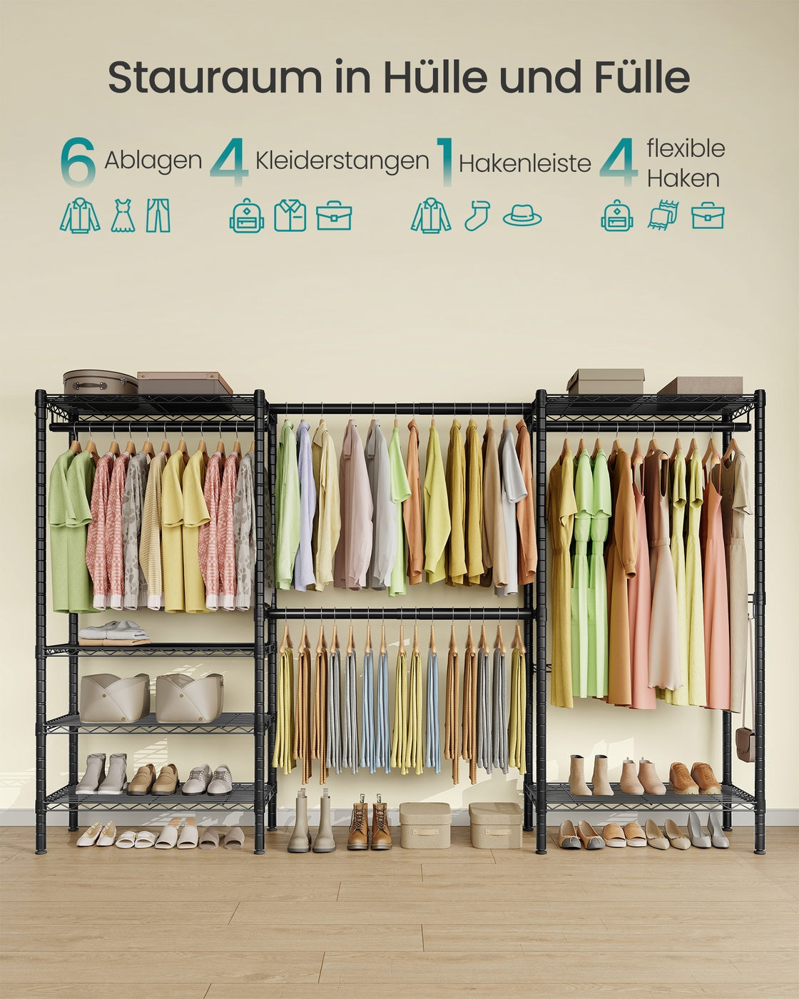 Kledingrek - 40 x (177-220) x 193 cm - Diepzwart - Staal - Maximale capaciteit 432 kg