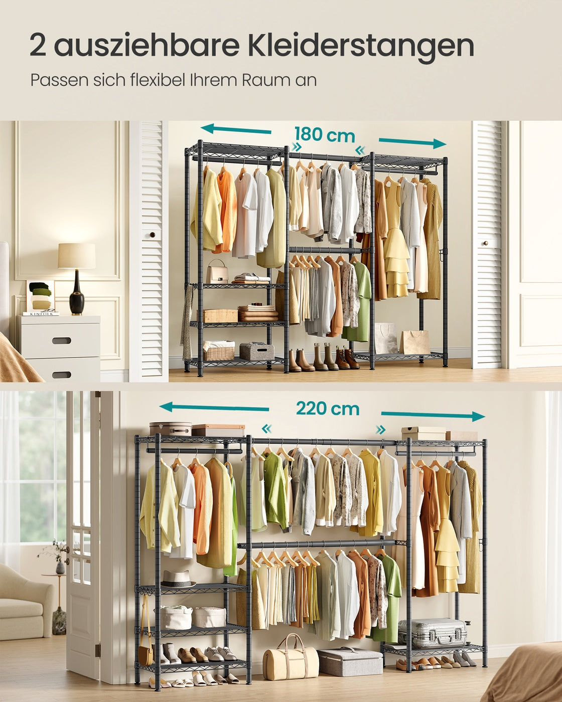 Kledingrek - 40 x (177-220) x 193 cm - Diepzwart - Staal - Maximale capaciteit 432 kg