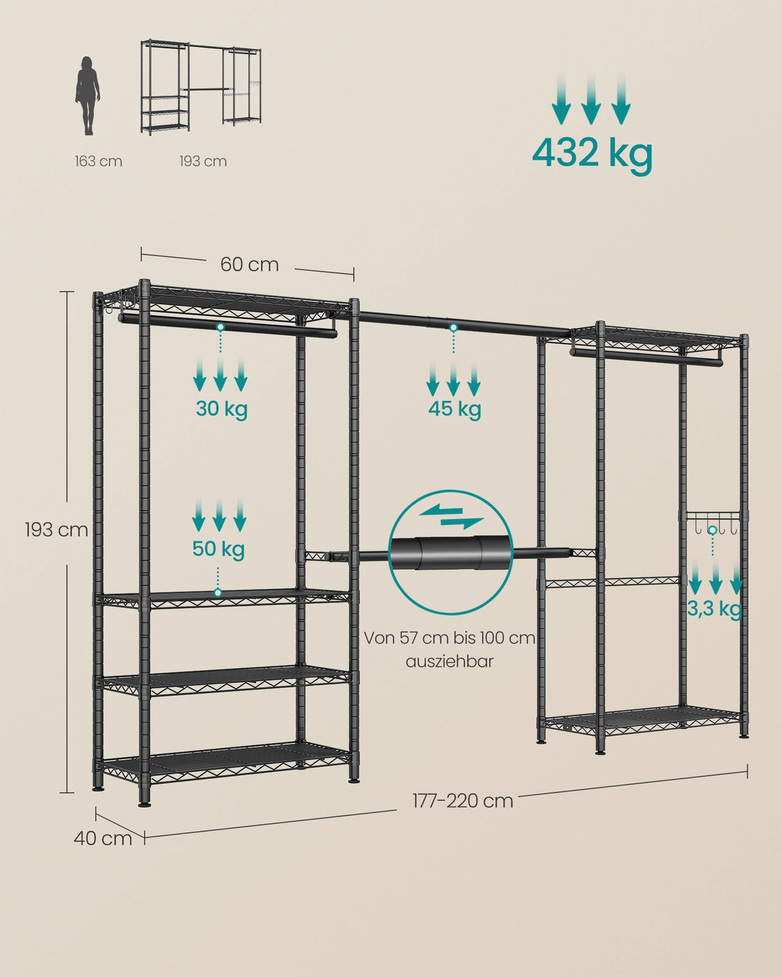 Kledingrek - 40 x (177-220) x 193 cm - Diepzwart - Staal - Maximale capaciteit 432 kg
