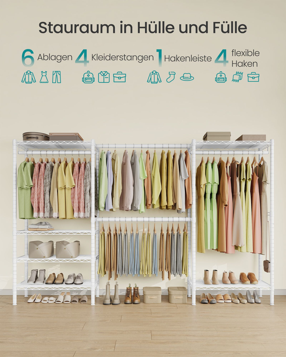 Open Kledingkast – Metaal – 4 Hangstangen en 6 Planken – 220 cm Breed – Wit