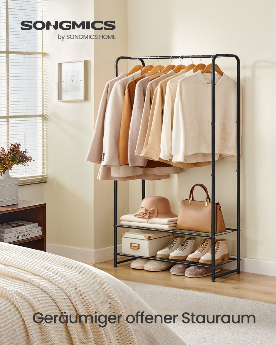 Kledingrek –  29 x 73 x 158,4 cm – Met legplanken – Tot 48 kg draagvermogen – Mat zwart