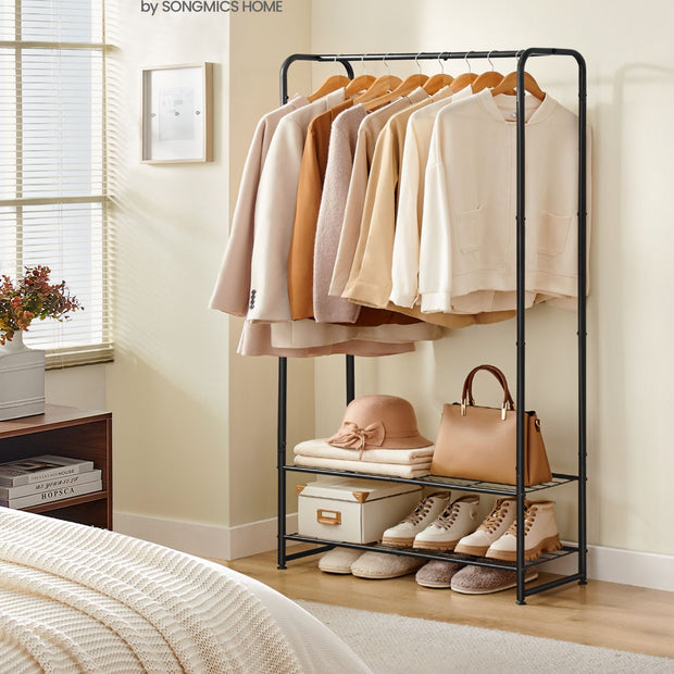 Kledingrek –  29 x 73 x 158,4 cm – Met legplanken – Tot 48 kg draagvermogen – Mat zwart