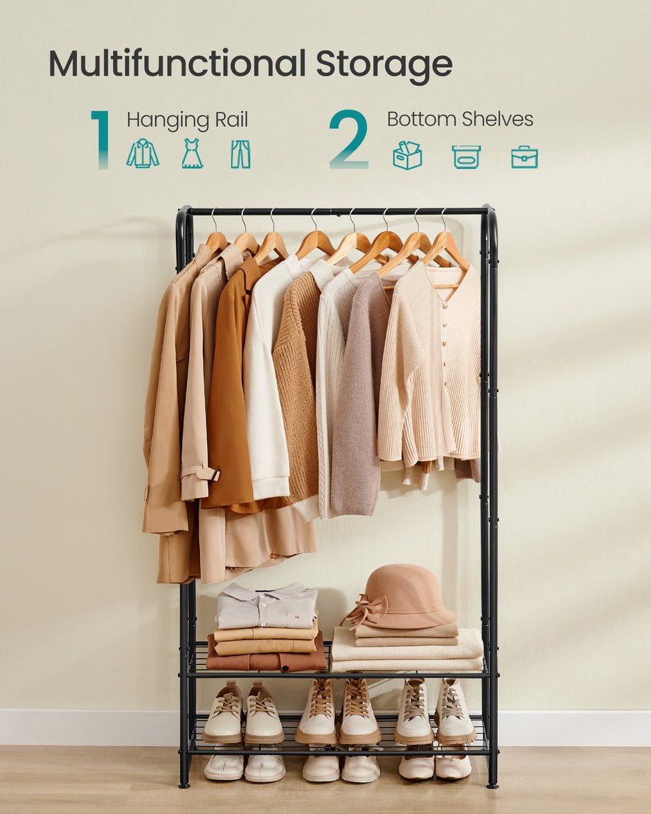 Kledingrek –  29 x 73 x 158,4 cm – Met legplanken – Tot 48 kg draagvermogen – Mat zwart