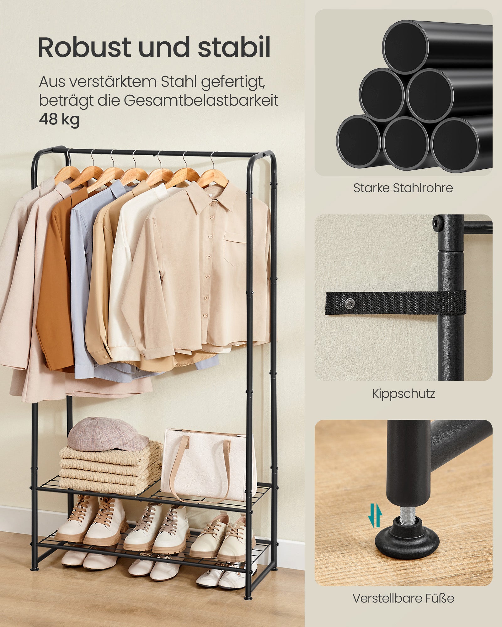 Kledingrek –  29 x 73 x 158,4 cm – Met legplanken – Tot 48 kg draagvermogen – Mat zwart