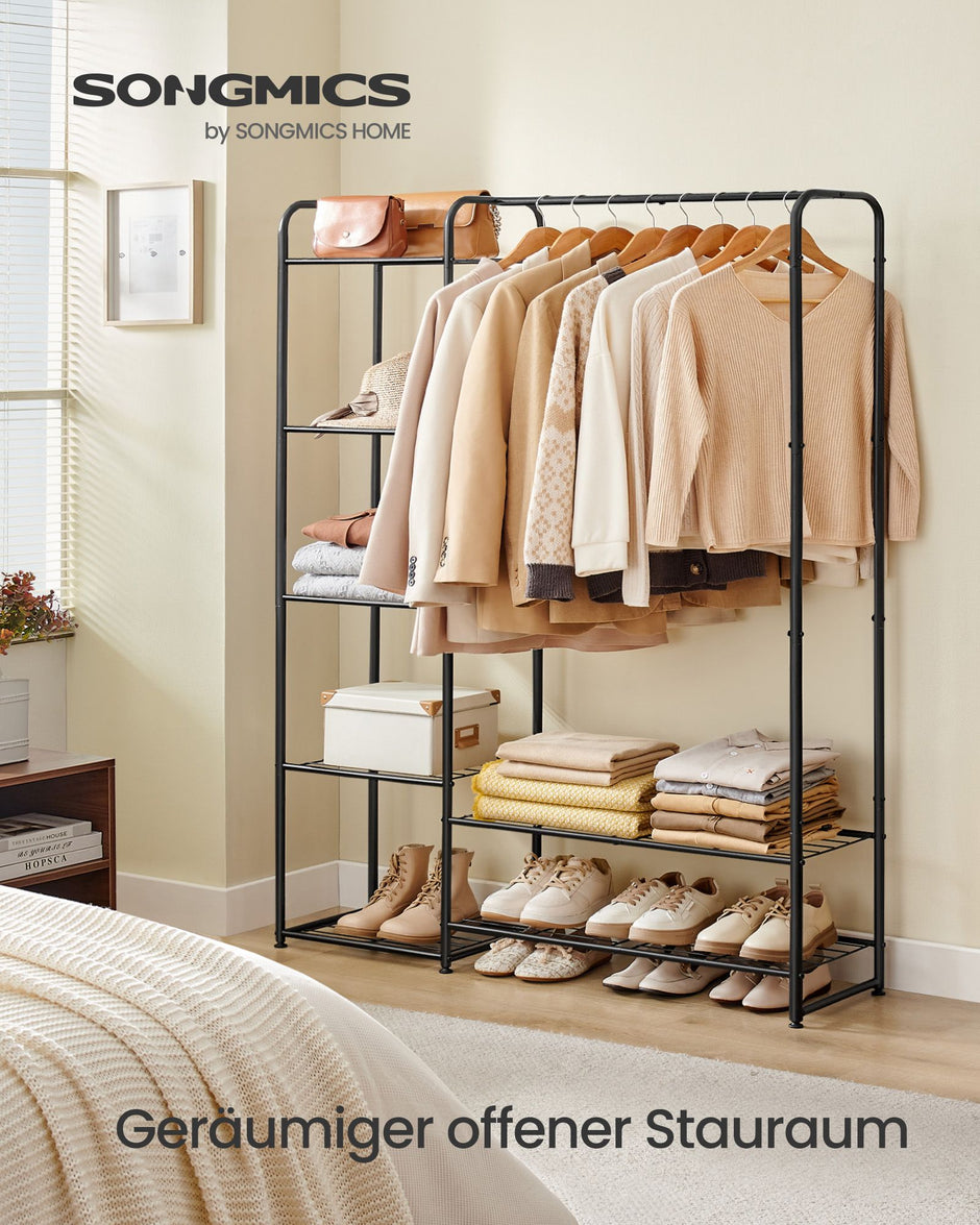 Kledingrek - 29 x 112 x 158,4 cm – Met legplanken – Tot 73 kg draagvermogen – Mat zwart