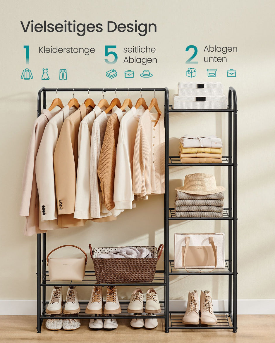 Kledingrek - 29 x 112 x 158,4 cm – Met legplanken – Tot 73 kg draagvermogen – Mat zwart