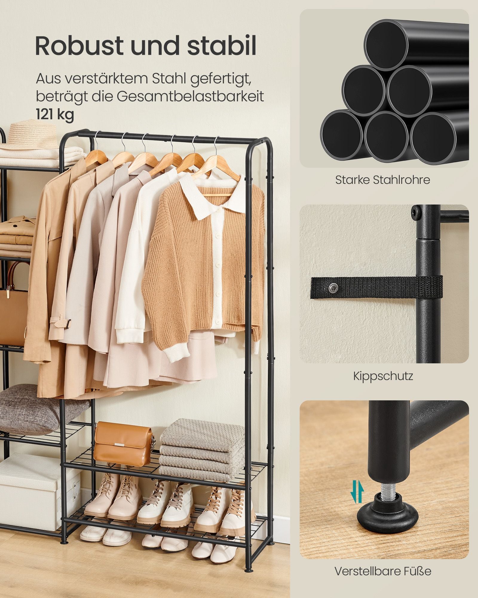 Kledingrek met planken van staal in mat zwart