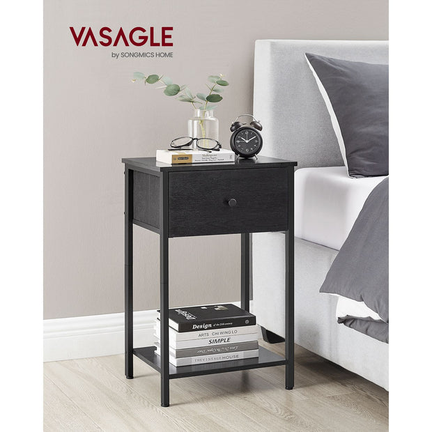 Nachtkastje met stoffen lade – zwart – Ruimtebesparend ontwerp – 28 x 38 x 61 cm