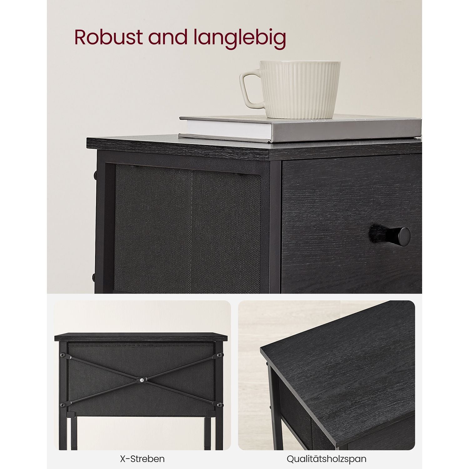 Nachtkastje met stoffen lade – zwart – Ruimtebesparend ontwerp – 28 x 38 x 61 cm