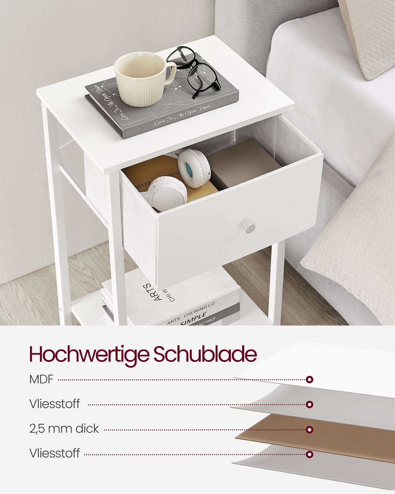 Bijzettafel – met stoffen lade – wit