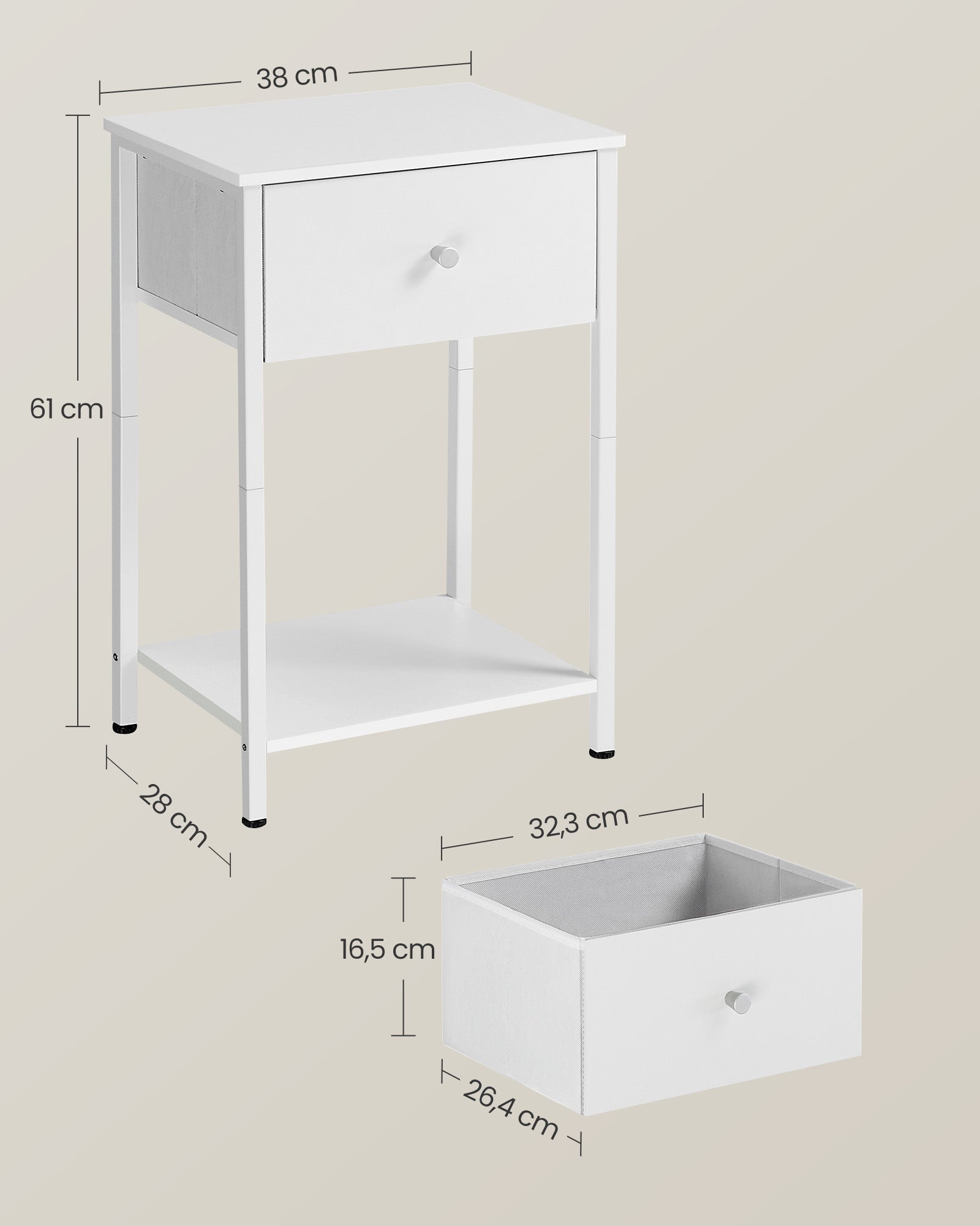 Bijzettafel – met stoffen lade – wit