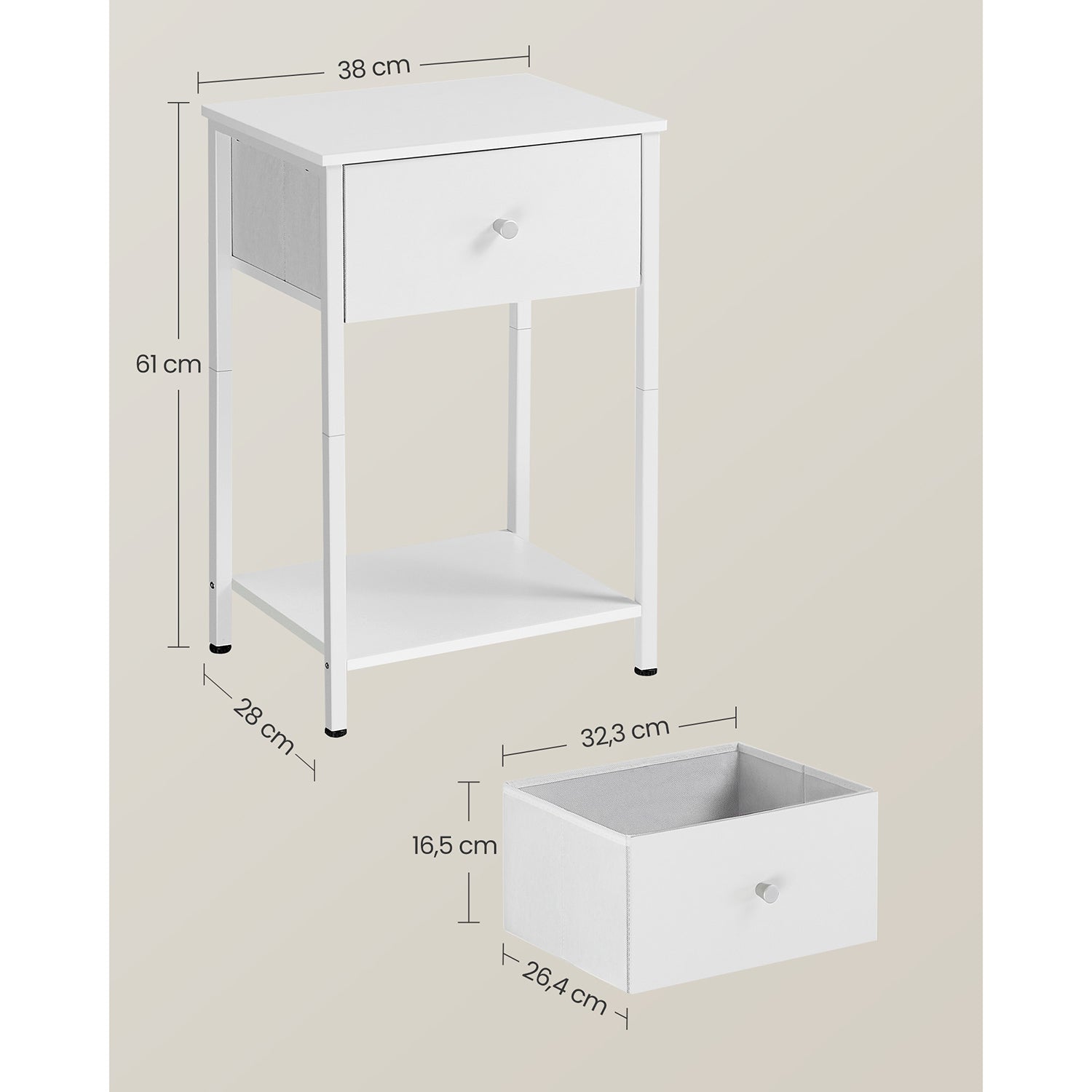 Bijzettafel – met stoffen lade – wit