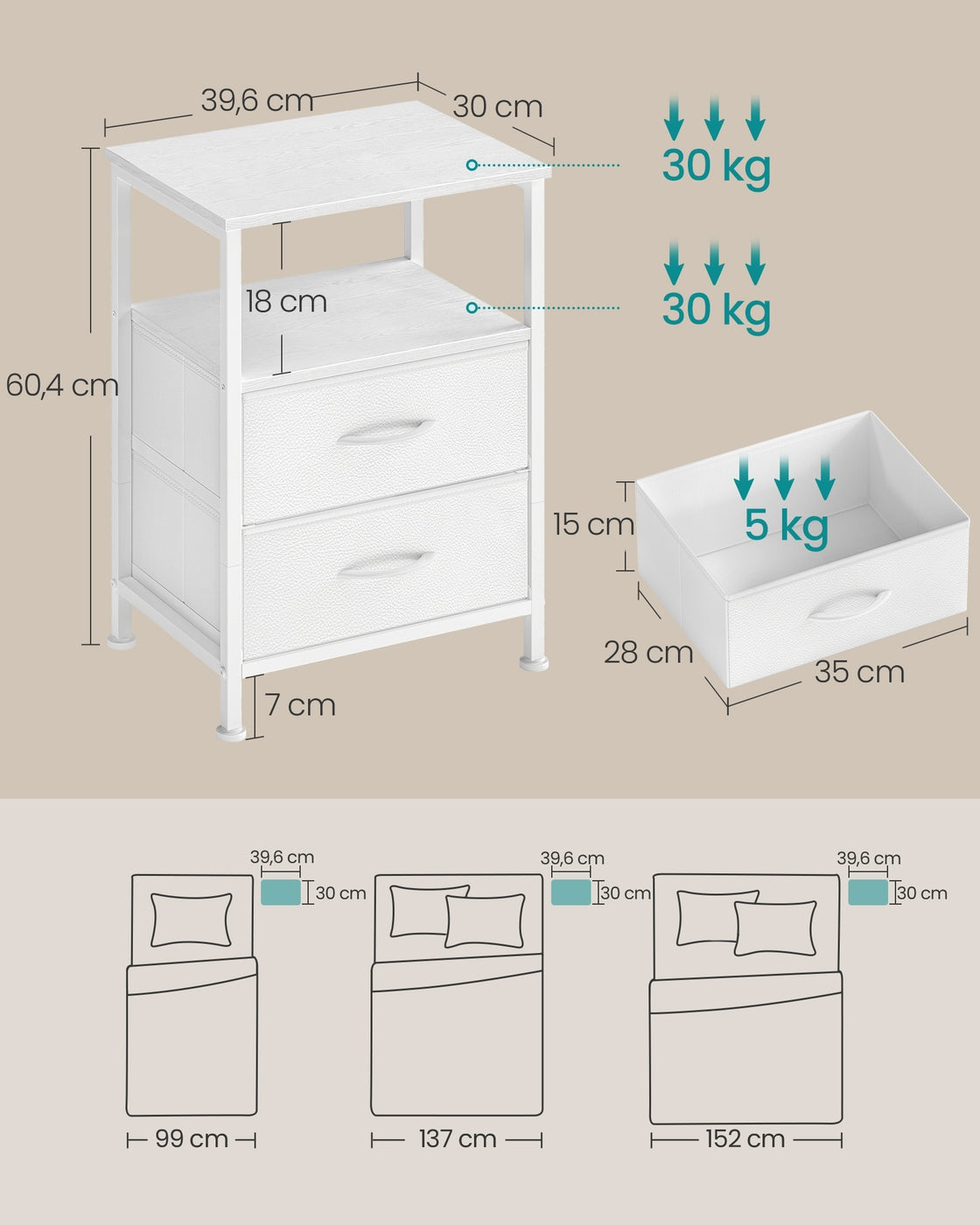 Nachtkastje – 2 Stoffen Lades en Open Plank – Stalen Frame – Wolkwit