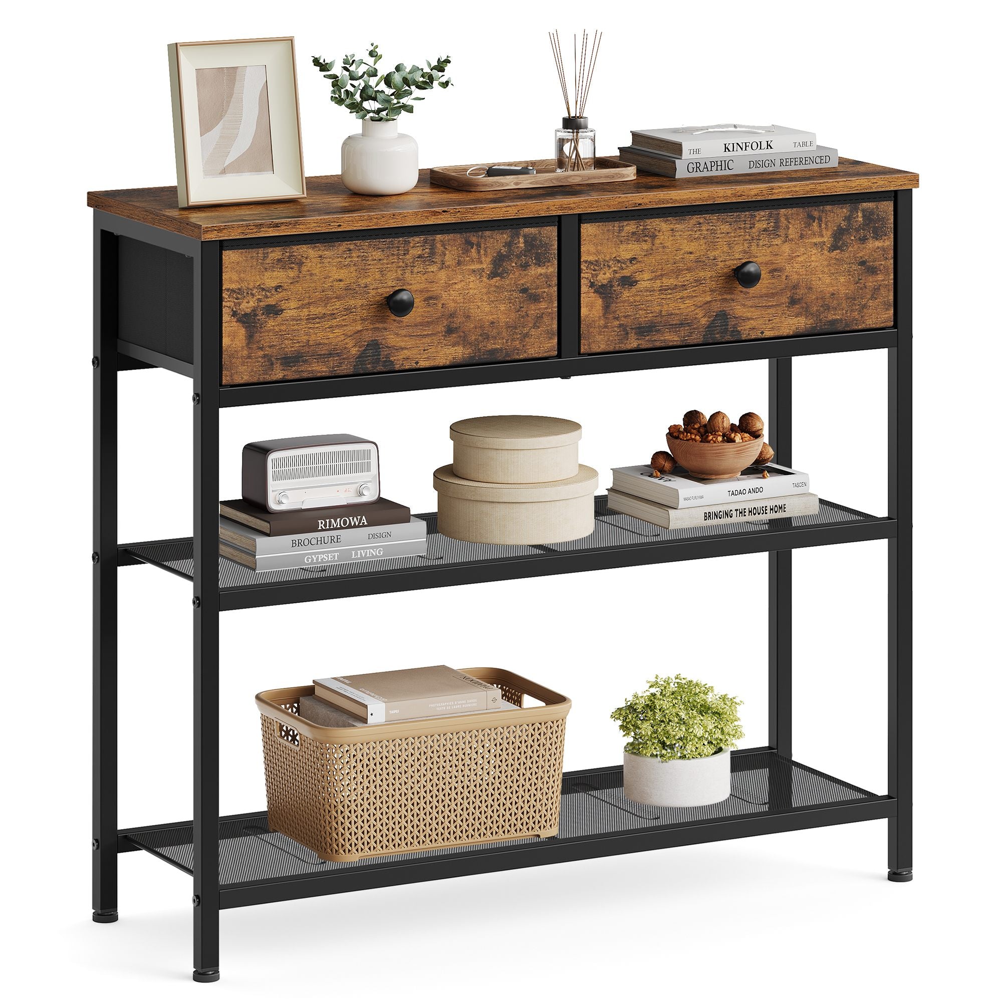 Consoletafel - 76 cm Breed - 2 Stoffen Lades - Smal - Vintage Bruin