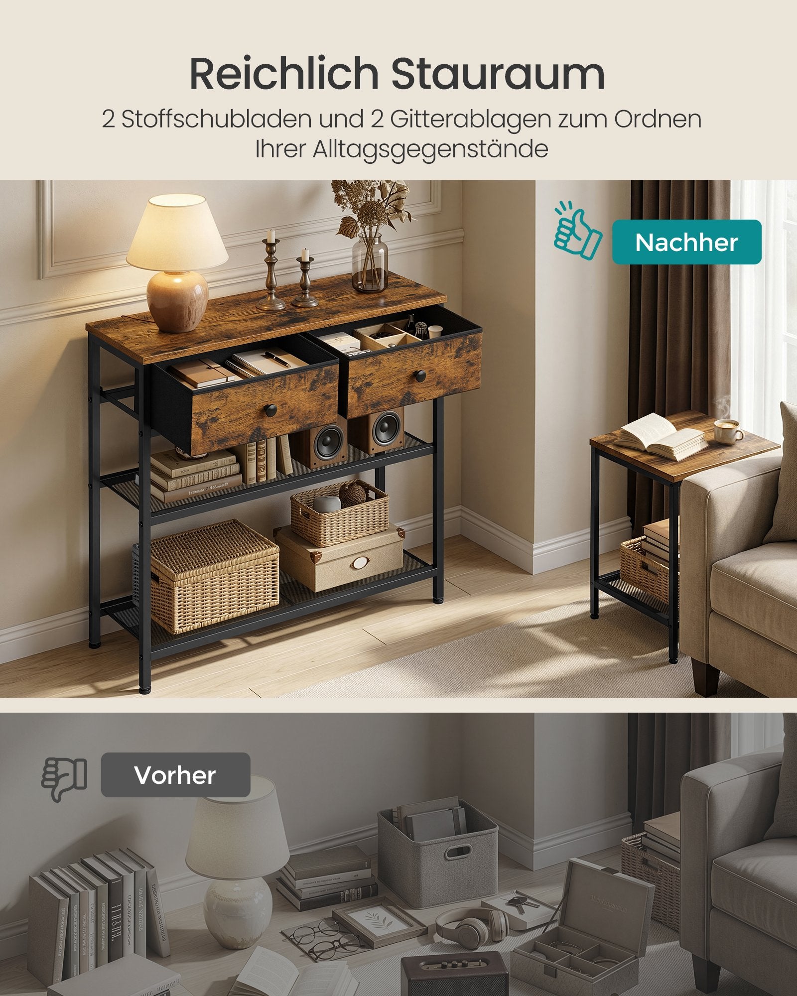Consoletafel - 76 cm Breed - 2 Stoffen Lades - Smal - Vintage Bruin