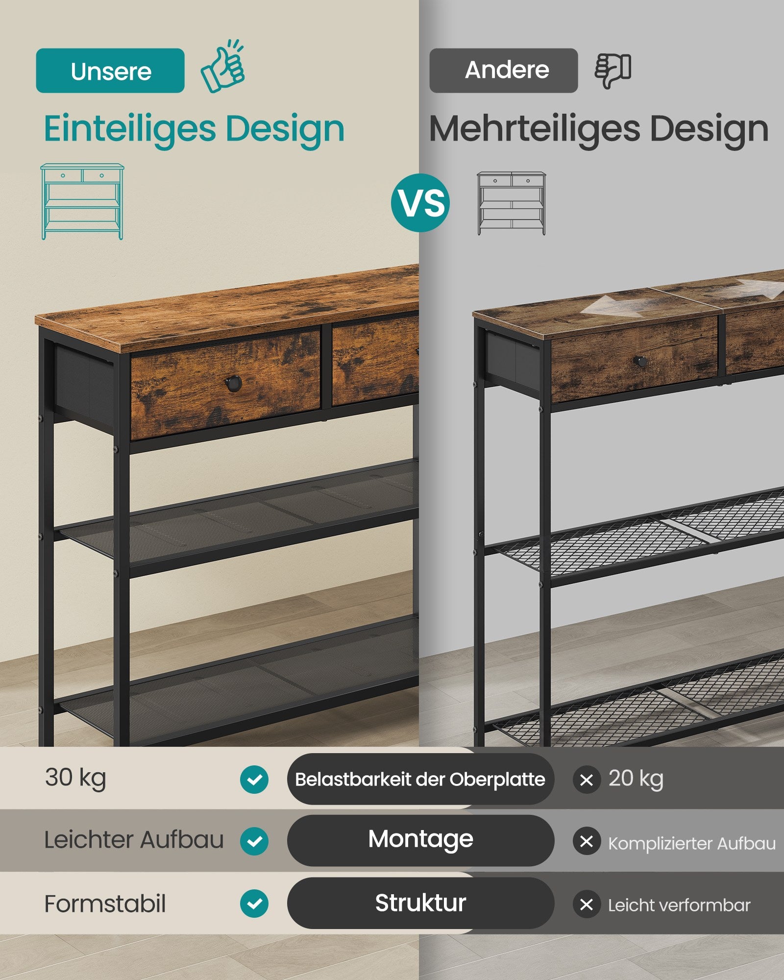 Consoletafel - 76 cm Breed - 2 Stoffen Lades - Smal - Vintage Bruin