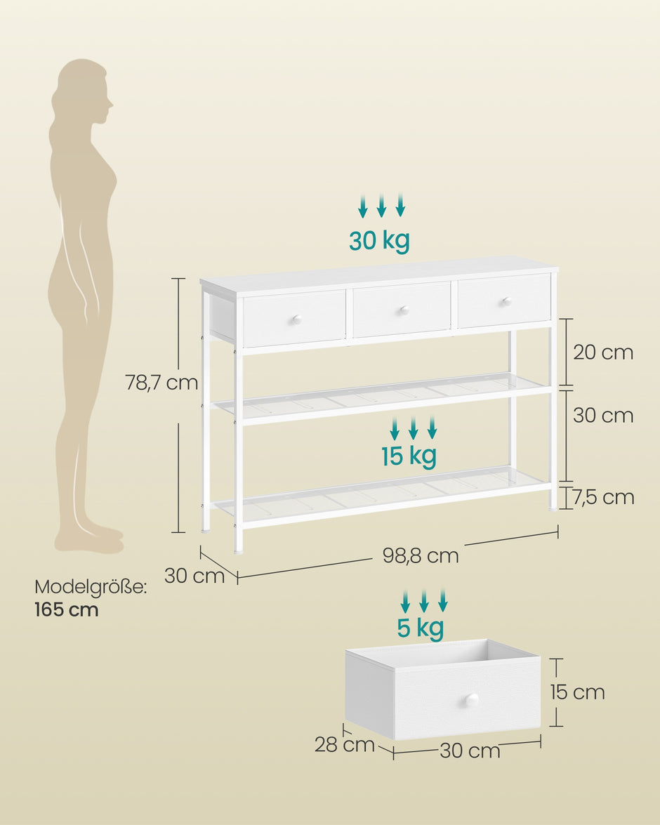 Consoletafel - 99 cm Breed - 3 Stoffen Lades - Smal - Wolkenwit