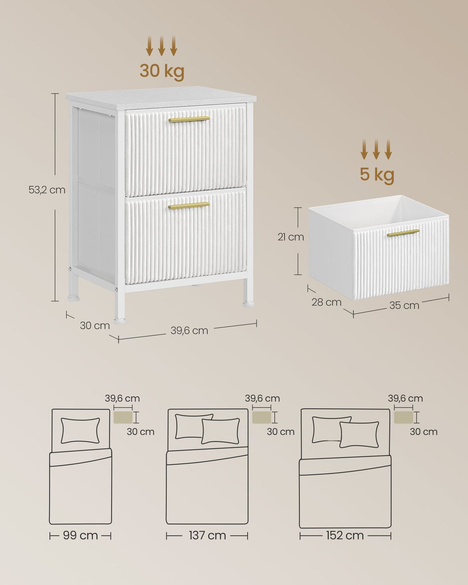 Nachtkastjes – Set van 2 – 2 Lades – Stalen Frame – Sneeuwwit