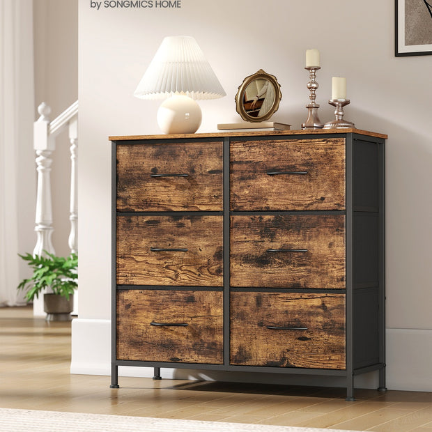 Ladekast met 6 stoffen lades - Vintage bruin - Inktzwart - Warme look