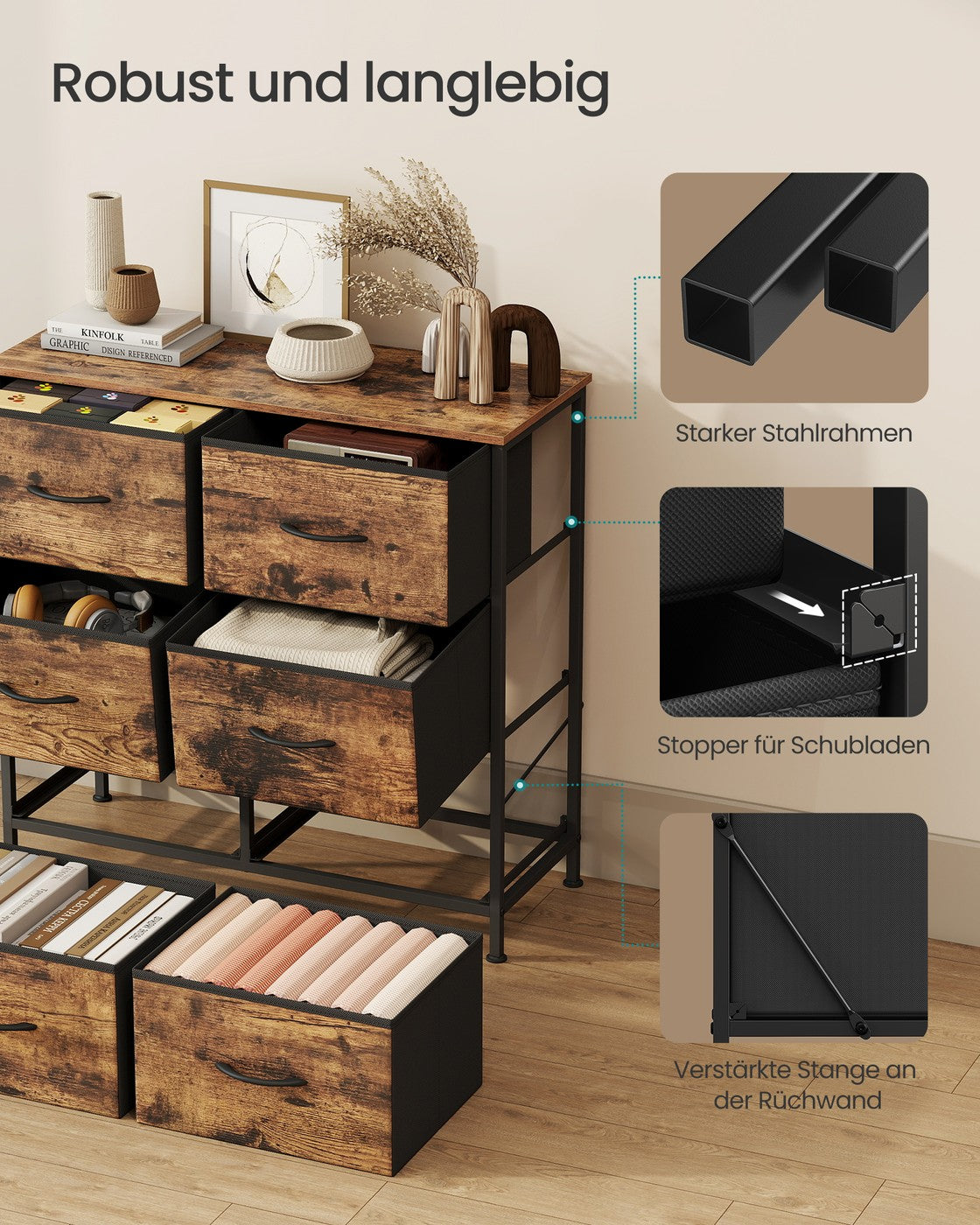 Ladekast met 6 stoffen lades - Vintage bruin - Inktzwart - Warme look