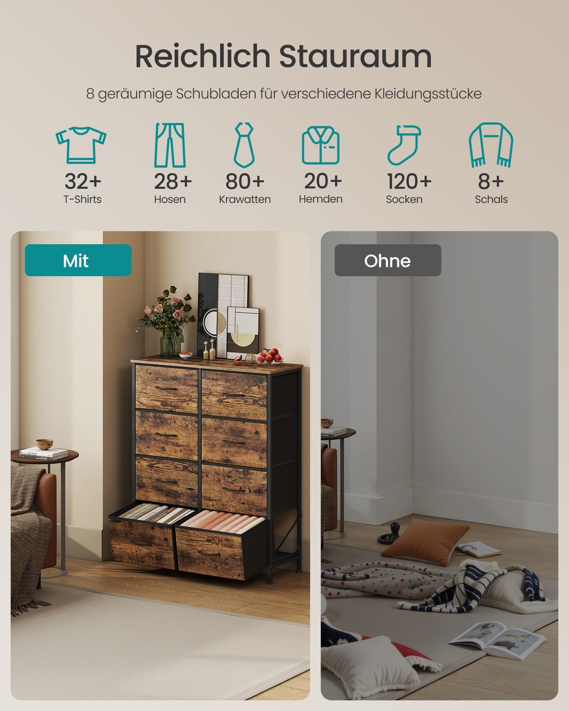 Ladekast met 8 stoffen lades - Vintage bruin - Inktzwart - Extra opbergruimte