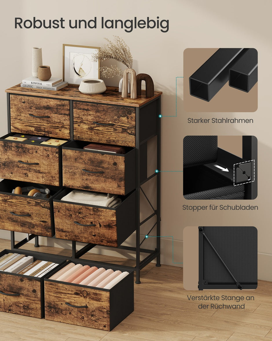 Ladekast met 8 stoffen lades - Vintage bruin - Inktzwart - Extra opbergruimte