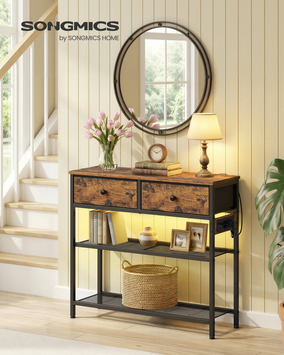 Consoletafel - 76,7 x 30 x 78,7 cm - 3 lades - vintage bruin - max belasting bovenpaneel 30 kg - max belasting draadplank 15 kg - max belasting lade 5 kg