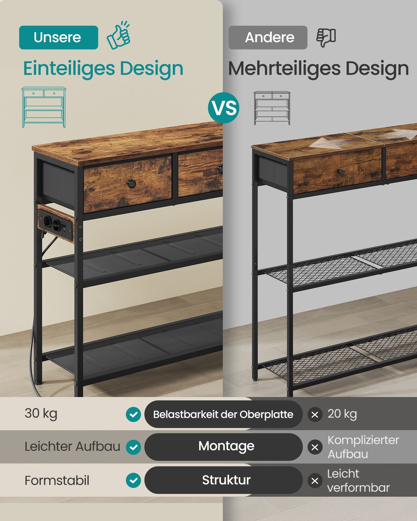 Consoletafel - 76,7 x 30 x 78,7 cm - 3 lades - vintage bruin - max belasting bovenpaneel 30 kg - max belasting draadplank 15 kg - max belasting lade 5 kg