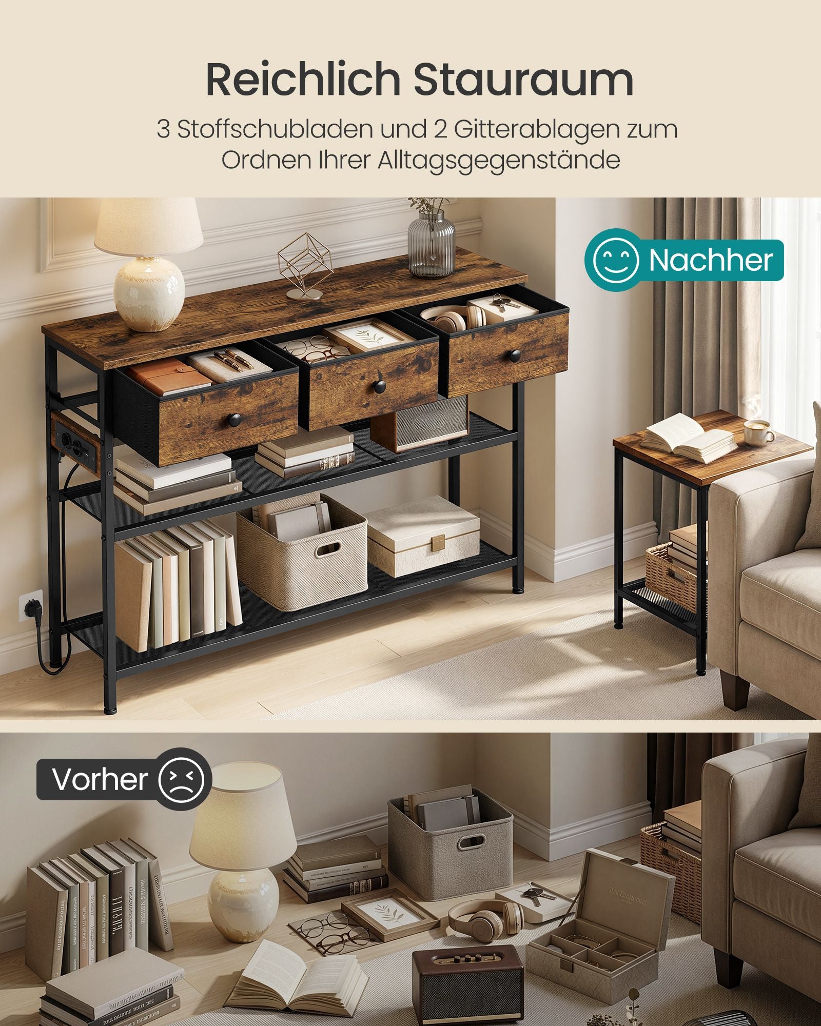 Consoletafel - 99 cm Breed - 3 Stoffen Lades - Smal - Vintage Bruin