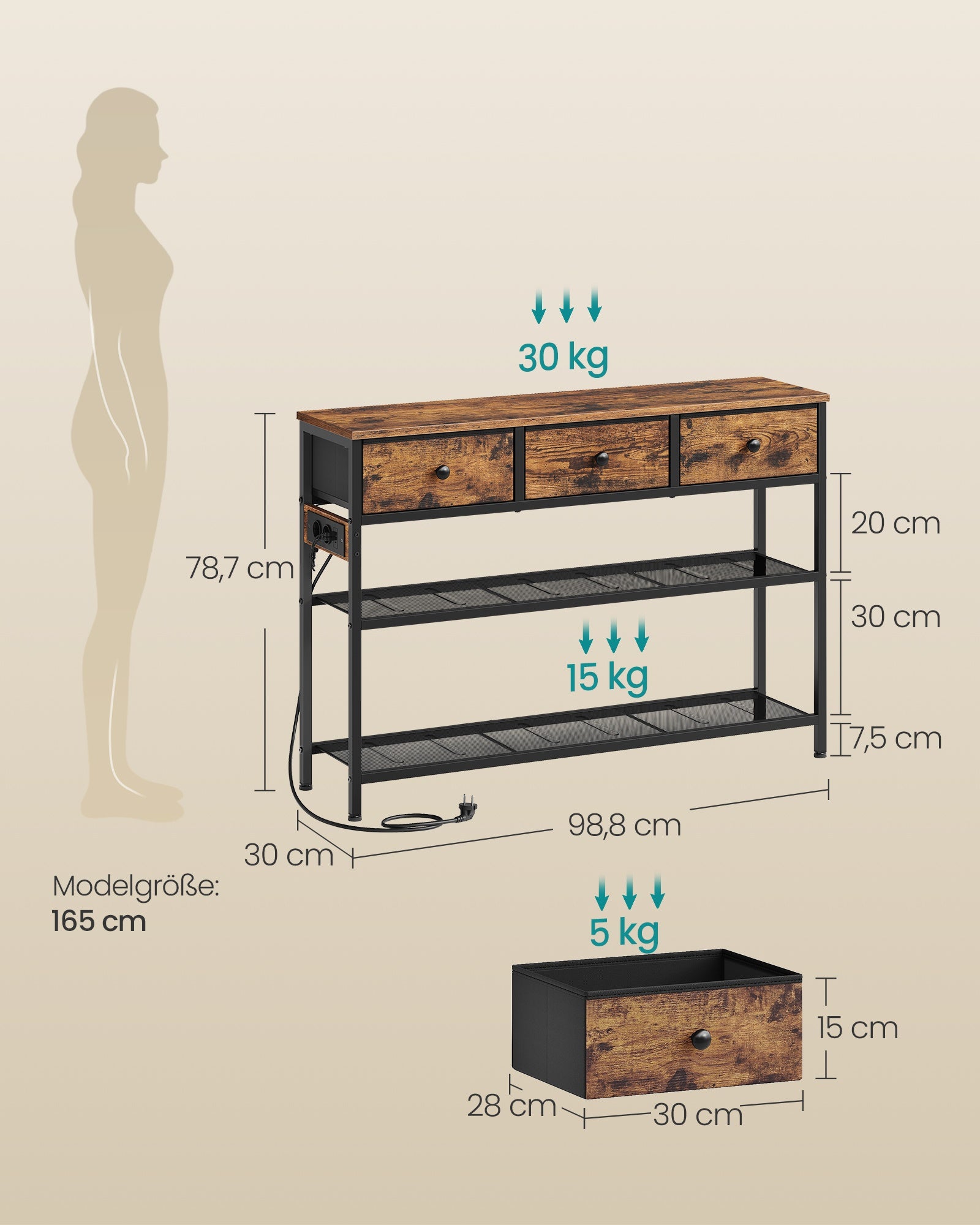 Consoletafel - 99 cm Breed - 3 Stoffen Lades - Smal - Vintage Bruin