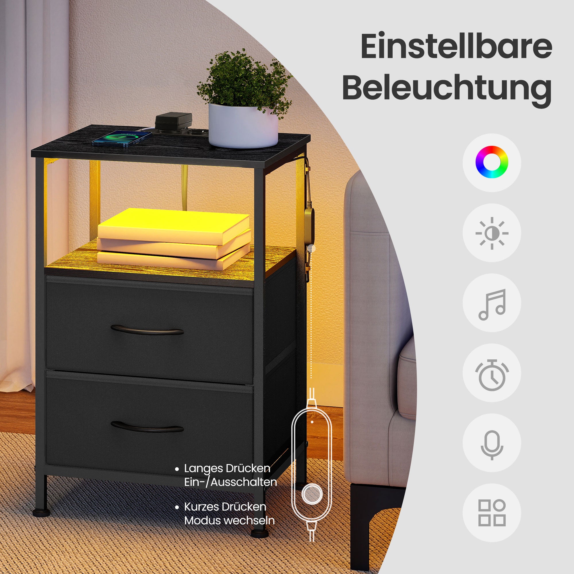 Nachtkastje - Ledverlichting - Met Oplaadstation - 2 Lades - Zwart
