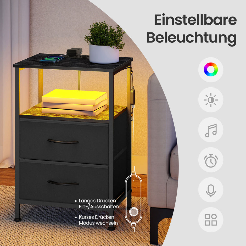 Nachtkastje - Ledverlichting - Met Oplaadstation - 2 Lades - Zwart