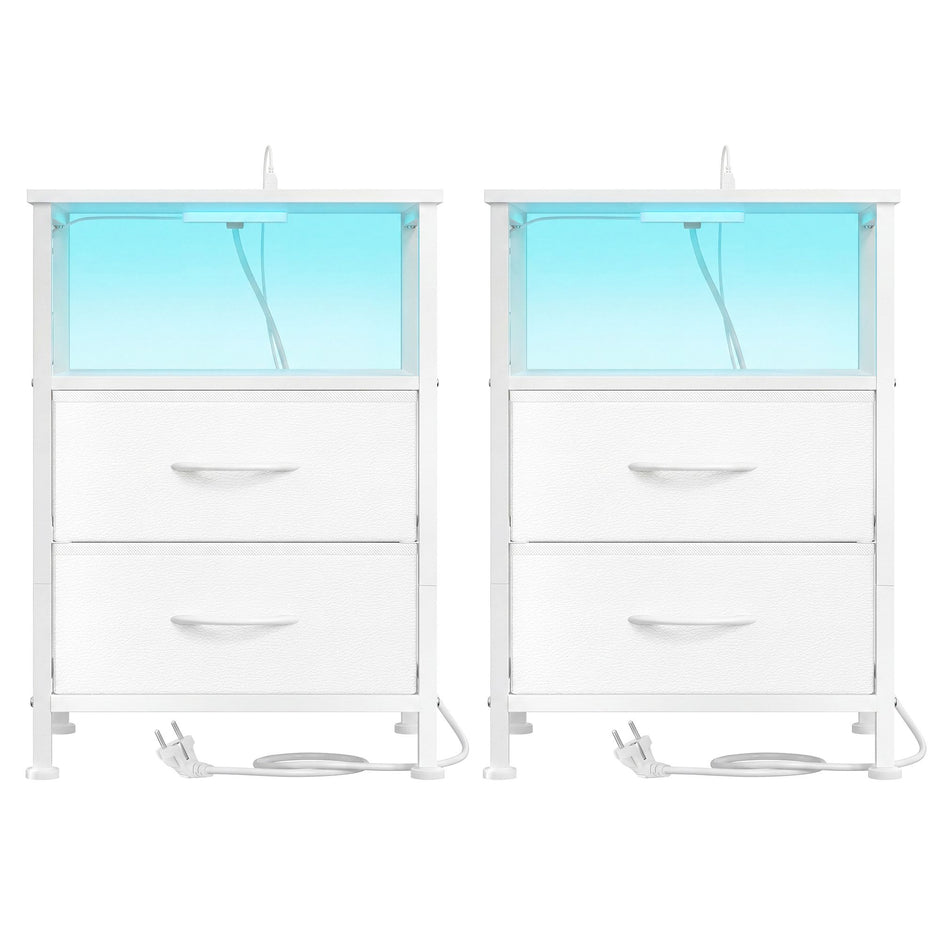 Nachtkastje - Set van 2 - Ledverlichting - Met Oplaadstation - Wit