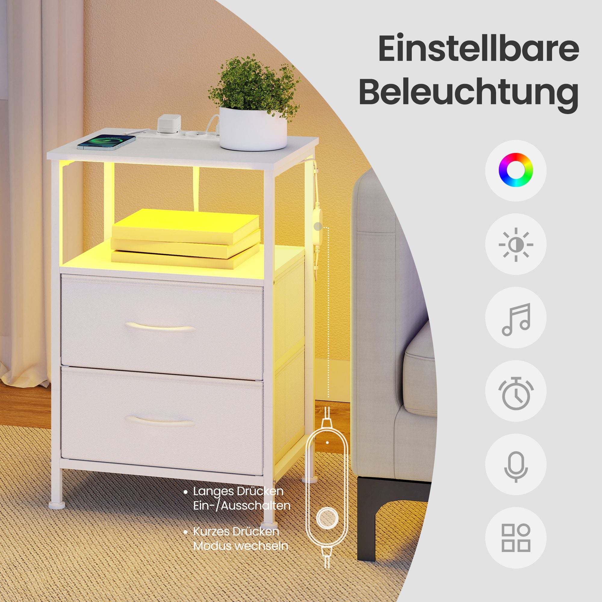 Nachtkastje - Set van 2 - Ledverlichting - Met Oplaadstation - Wit