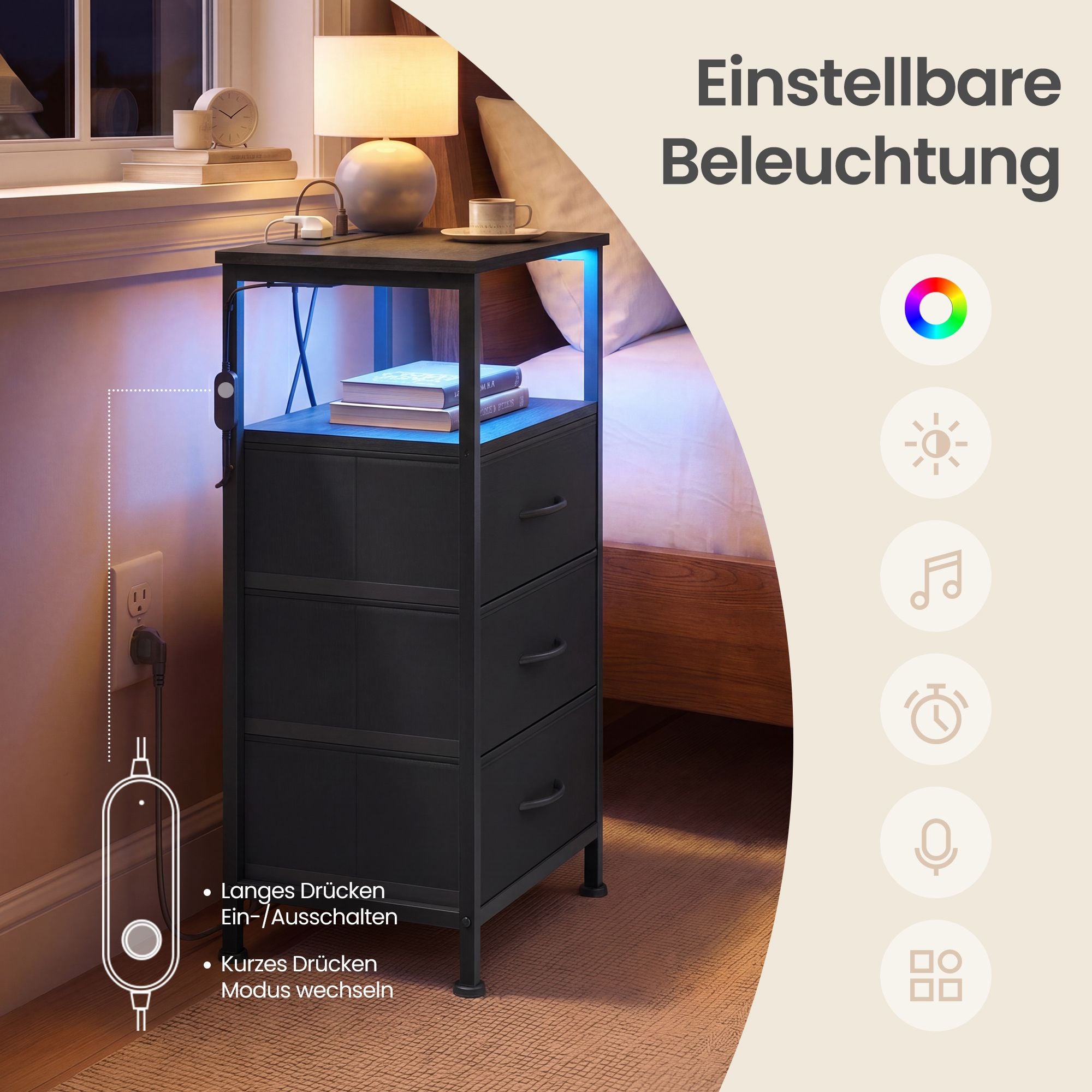 Nachtkastje - Ledverlichting - Met Oplaadstation - 3 Lades - Zwart