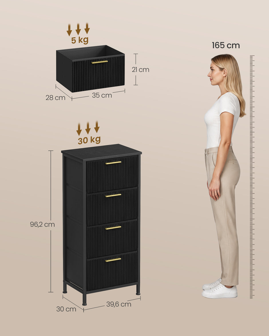 Smalle Ladekast – 4 Stoffen Lades – Stalen Frame – 96 cm Hoog – Inktzwart